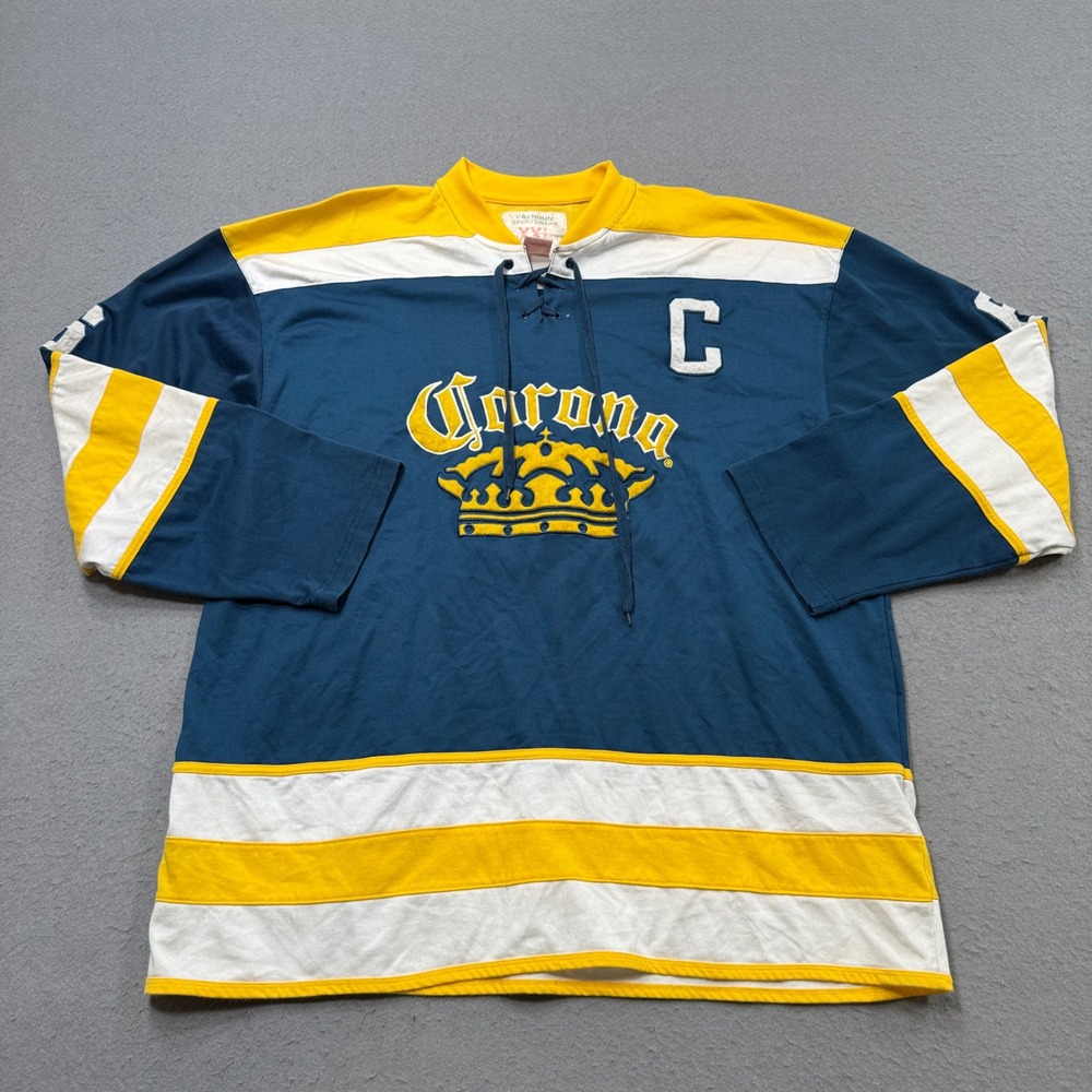 Vintage Corona Beer Hockey Jersey Mens 2XL Blue Yellow Lace Up Athletic Pullover